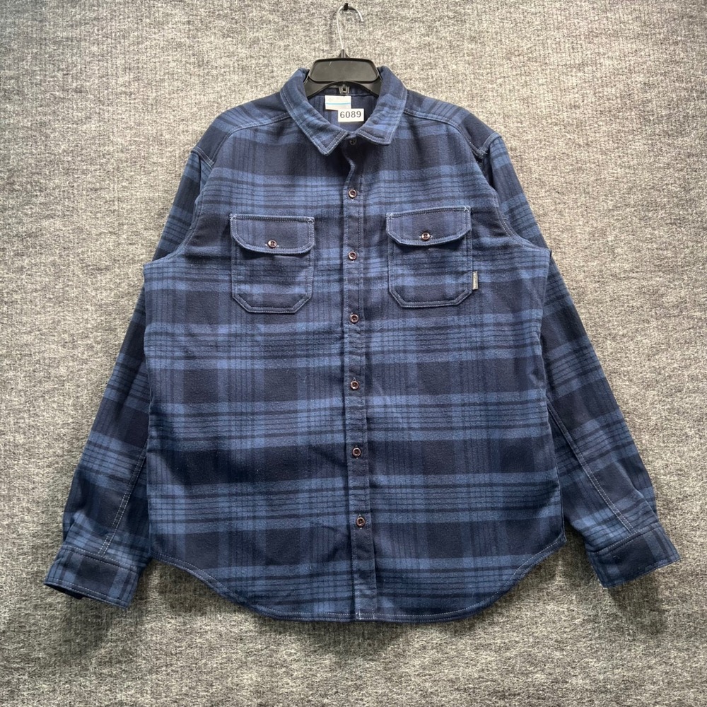 Columbia Mens Large Navy Blue Plaid Flannel Long Sleeve Button Down Shirt